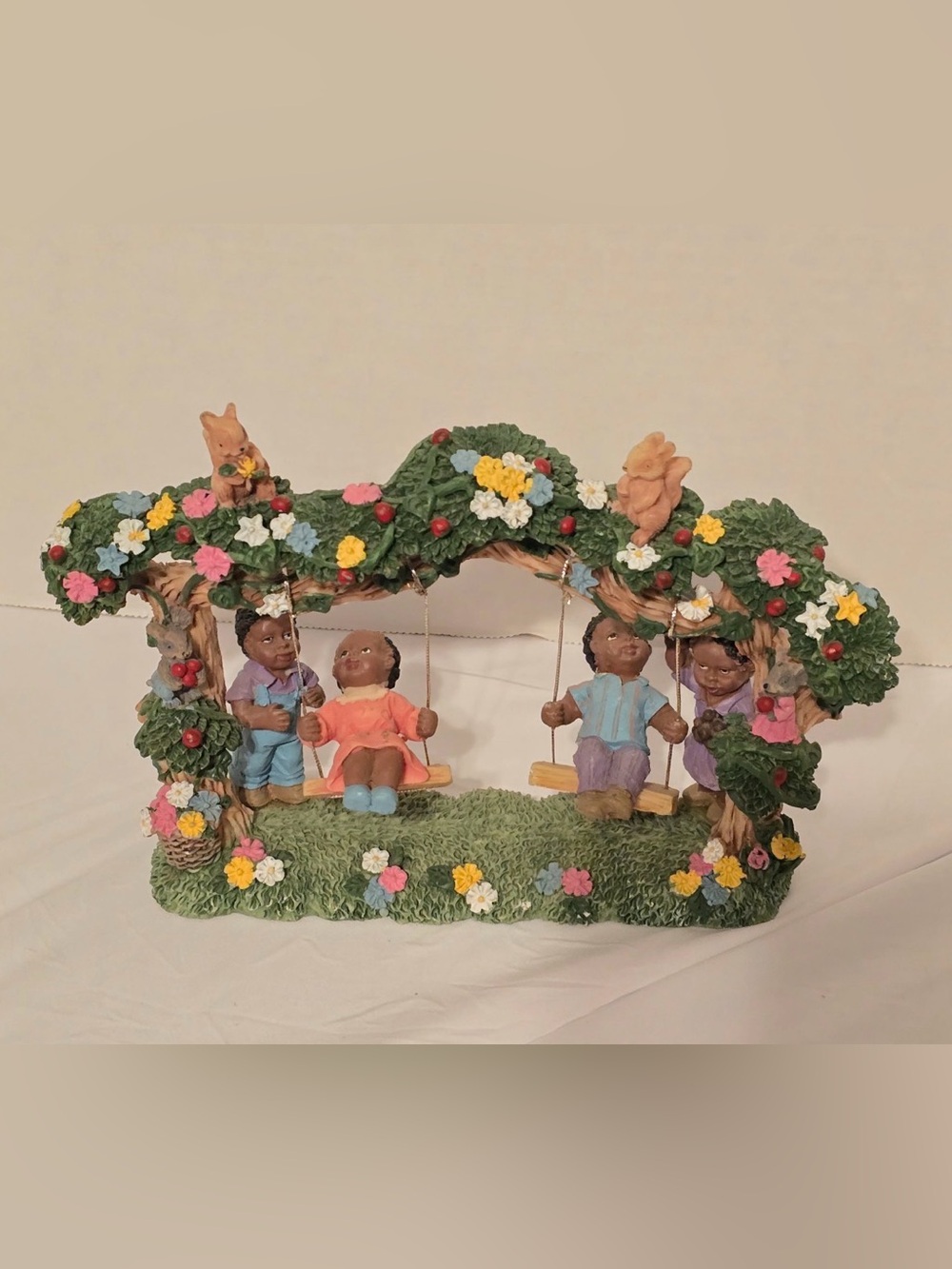 Vintage African American Children Tree Swing Figurine Resin Spring Garden Decor
